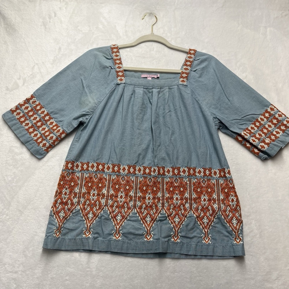 Calypso St Barth Embroidered Top Womens‎ Small Chambray Aztec Resort Vacation